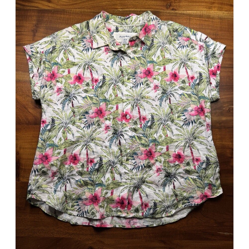 Tommy Bahama Coastalina Coastal Palms Linen Camp Shirt Women's Medium M Tropical